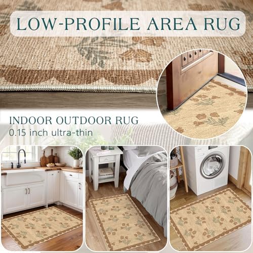 Front Door Mat Indoor Outside Entrance 2x3 Tan Floral Scalloped Rug - Image 7