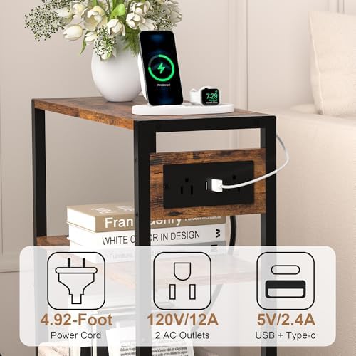 Small Narrow Side Table with Charging Station, Skinny End Table for Small Spaces, Slim Nightstand with Outlets, Sofa Bedside Table in Living Room, Bedroom, Study, Kitchen and Balcony (Rustic Brown) - Image 6