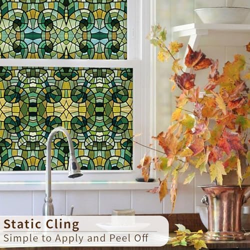 funlife Privacy Stained Glass Window Film - Single Sided Static Cling Covers for Bathroom - Green Glass Mosaic, 35.43"x118" - Image 6