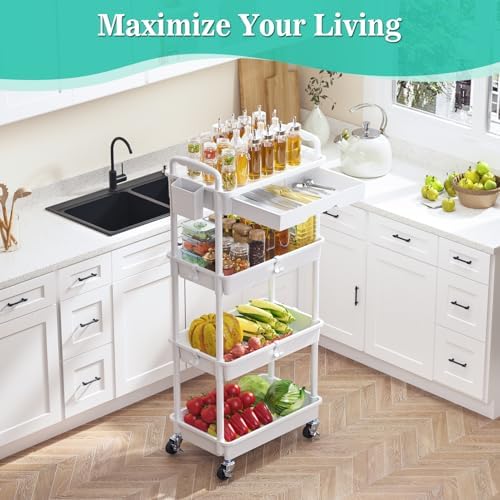 SUNALLY 4 Tier Rolling Cart with Drawer, Craft Storage Cart Organizer,White - Image 6