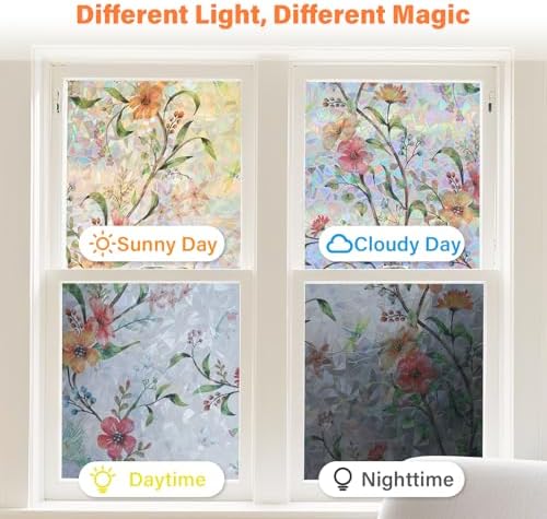 Finnez Stained Glass Window Film, Decorative Floral Rainbow, 35.4″ x 78.7″ - Image 6