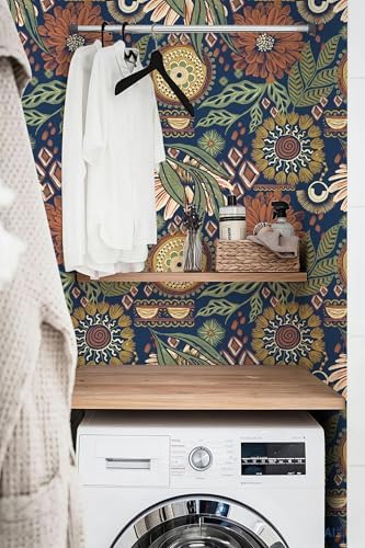HAOKHOME Navy Orange Floral Peel and Stick Wallpaper Bathroom Boho Vintage | Renter Friendly Removable Self Adhesive Textured Wall Paper Olive Botanical Bedroom Kitchen Accent Wall Decor 17.3in x 9.8ft - Image 6