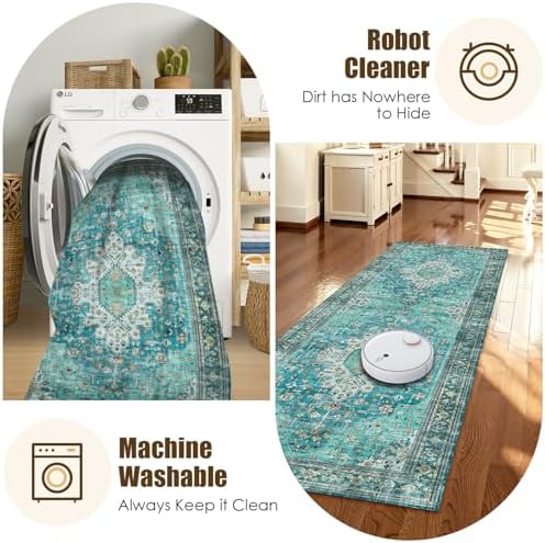 Washable Area Rug 2'6'' x 8' Vintage Traditional Persian Mat - Foldable Distressed Non-Slip Machine Washable Carpet for Living Room Bedroom Kitchen Home Decor - Teal and Gold - Image 7