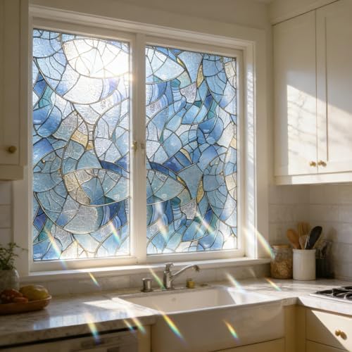 Stickyart Blue Stained Glass Window Film Decorative Privacy Window Film Static Cling Windows Decals Rainbow Anti-Glare Privacy Stickers Removable Sun Blocking for RV Windows Bathroom 17.5"x78.7" - Image 7
