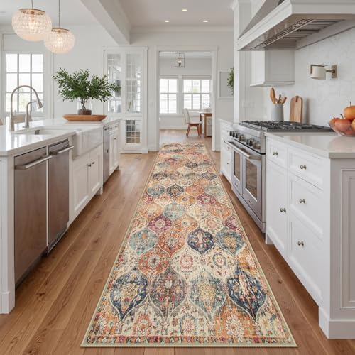 Lahome Moroccan Washable Runner Rug 2x10, Kitchen Runners for Hallways Rubber Backing Ultra-Thin Vintage Hallway Rug Non-Slip Carpet for Entryway Bedroom Laundry Room Elise, Cream/Multi - Image 6