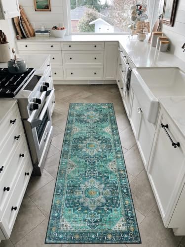 Moynesa Ultra-Thin Washable Vintage Runner Rug - 2'6"x8 Boho Hallway Kitchen Runner Oriental Medallion Bedside Mat Non-Slip Non-Shedding Indoor Throw Carpet for Laundry Entrance, Teal/Mutil - Image 6