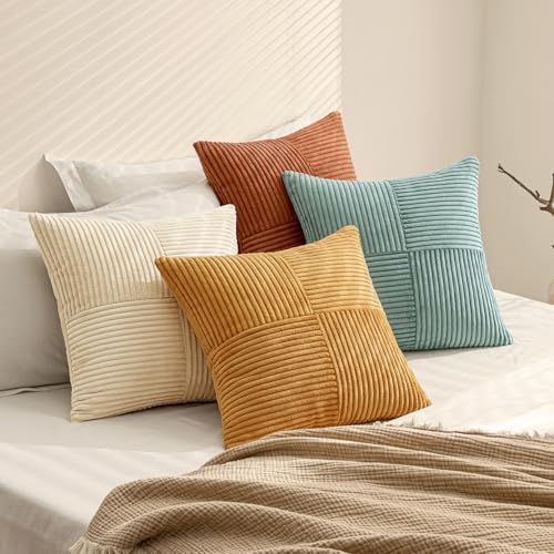MIULEE Fall Boho Farmhouse Decorative Throw Pillow Covers 18x18 Inch 4 Packs Soft Vintage Pillow Cases Modern Corduroy Patchwork Cushion Covers for Couch Sofa Bed Home Decor, Teal-Rust - Image 7