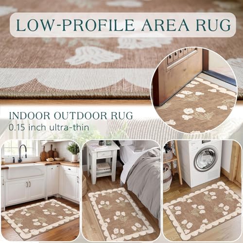 Front Door Mat Outside Entrance - 2x3 Floral Non-Slip Washable Doormat Indoor Outdoor Mat Tan Neutral Farmhouse Scalloped Entry Rug Small Throw Rugs for Entryway Kitchen Front Porch Decor - Image 7