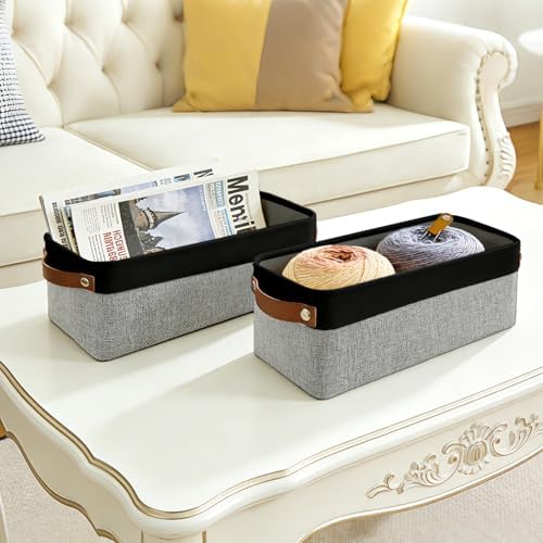 Bagnizer Small Fabric Storage Baskets, 15x6x5 inch Narrow Storage Bins 4-Pack Long Storage Basket for Organizing with Handles, Decorative Basket for Closets, Shelves, Toilet Paper, Grey - Image 7