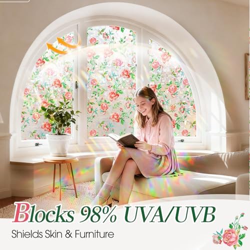 Coavas Stained Glass Window Privacy Film, 3D Rainbow Floral, 23.6" x 78.7" - Image 6
