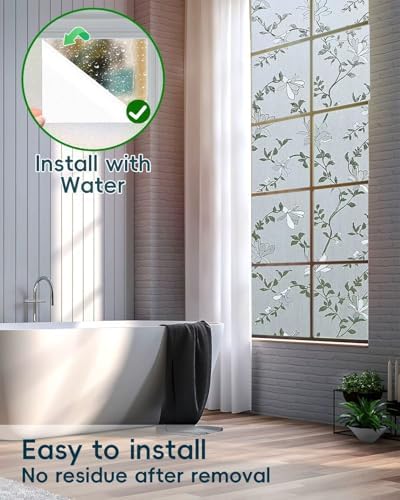 Frosted Glass Window Film with Elegant Flower Design, Bathroom Window Privacy Film for Glass Windows Cover, Static Cling, Removable, Reusable, Anti-UV, Anti-Glare, 35.4 Inch * 157.4 Inch - Image 6