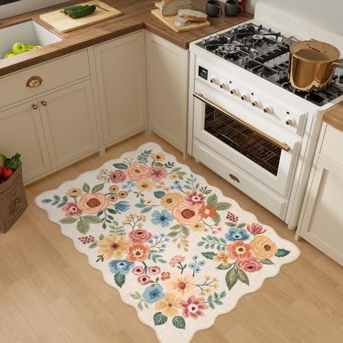 DUKINO 2x3 Rug for Entryway, Floral Door Mat Washable Rug, Beige Yellow - Image 6