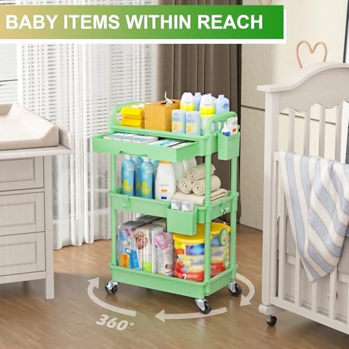 Goovilla 3 Tier Rolling Utility Cart Organizer with Removable Drawer, Green - Image 6