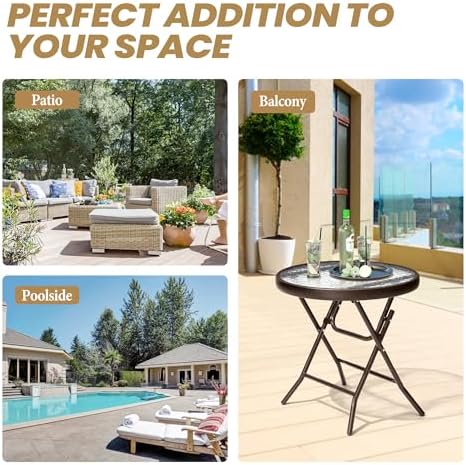Foldable Side Table with Tempered Glass Top, Brown - Image 6