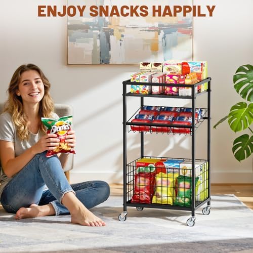 Fruit Vegetable Cart, 3-Tier Snack Cart on Wheels & Wood Top, Black - Image 6