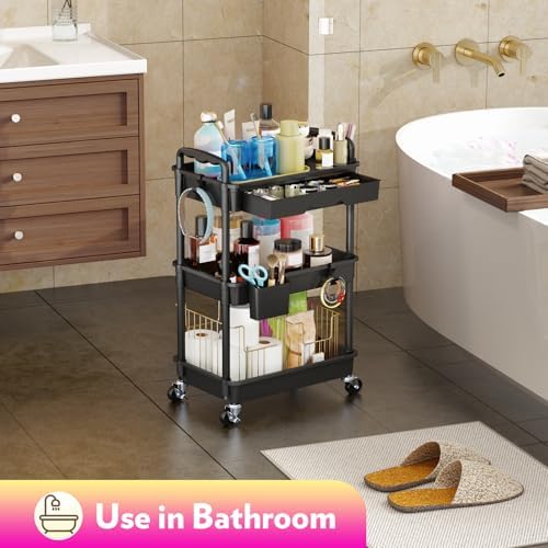 SUNALLY Makeup Cart Organizer with Drawer,3 Tier Rolling Makeup Cart, Black - Image 7