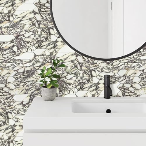 Vamos Tile Glossy Marble Purple Backsplash Tile Peel and Stick, 12.8 x 12.8 Inch 10 Sheets Long Hexagon PVC Self Adhesive Mosaic Wall Tiles Stick on Backsplash for Kitchen and Bathroom - Image 6