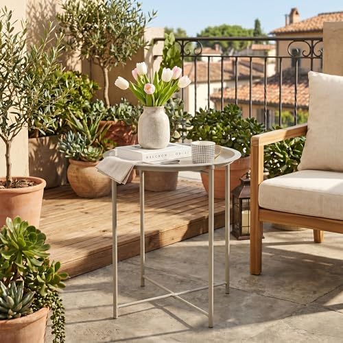 VECELO Side/End Table, Folding Round Metal Anti-Rust and Waterproof Outdoor or Indoor Tray for Living Room Bedroom Balcony and Office, 2 PCS, Grey - Image 6