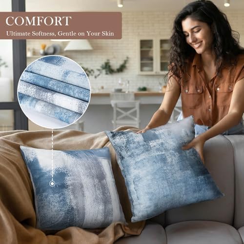 Set of 4 Blue and Grey Abstract Art Artwork Pillow Cover 20 x 20 Inch, Gallery Modern Decorative Throw Pillows Cushion Cover for Bedroom Sofa Living Room - Image 7