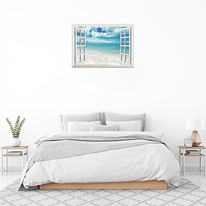 Lmyhome Fake Window Wall Mural White Beach (16"x24") | Peel and Stick Faux Window Wall Sticker Decal Poster for Bedroom Home Decor - Image 6