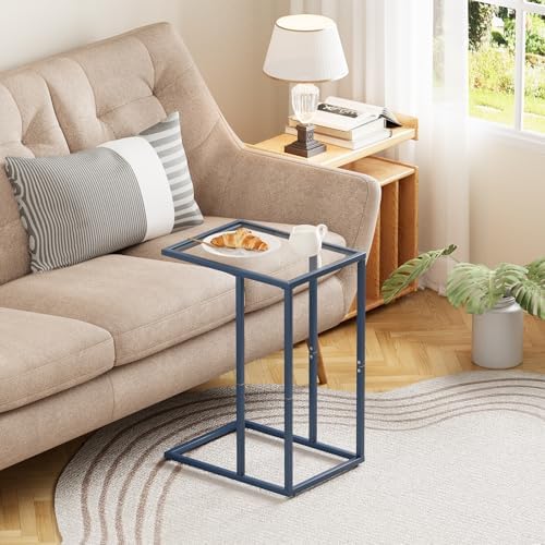 C Table End Table, Glass Couch Side Table, Tempered Glass Snack Side Table with Metal Frame, TV Tray Table for Small Space, Sofa Couch Side Tableand Bed Side Table(Blue) - Image 6