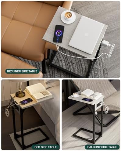 C-Shaped Side Table for Couch - Small Coffee Stand Sofa Tray Desk with Metal Frame Waterproof Scratch Resistant Wood Top and Built-in Charging Station, Greige - Image 6