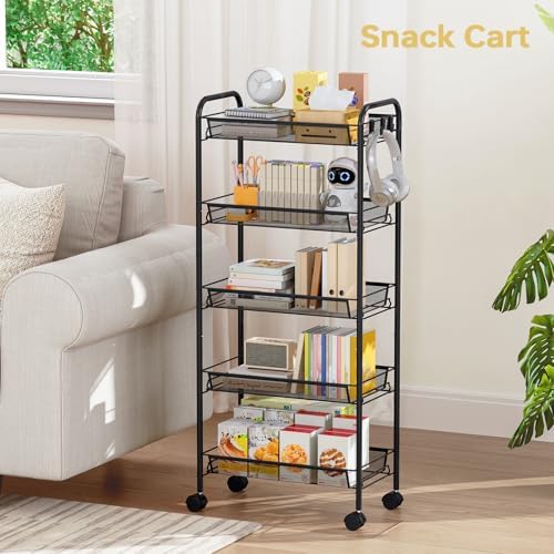 TOOLF 5 Tier Rolling Cart, Metal Utility Storage Cart with Wheels, Black | 3 Hooks, Screwless Assembly, Trolley Organizer for Bathroom, Kitchen, Office, Nursery, Dorm, Laundry Room - Image 6