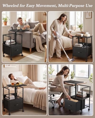 Faesun Swivel Lift Top Nightstand with Charging Station, Rolling Side Table for Recliner, Bedside Table with Wheels & a Fabric Drawer, for Small Spaces, for Bedroom, Living Room, Black - Image 6