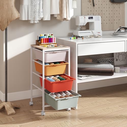 Giantex Rolling Storage Cart with 4 Drawers, Utility Cart w/Wooden Tabletop, Lockable Wheels, Multipurpose Organizer for Art Craft Scrapbook Paper, Drawer Carts for Dorm Classroom Office, Macaron - Image 7