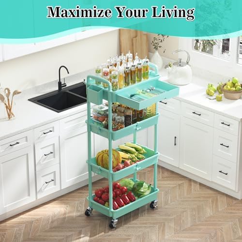 SUNALLY 4 Tier Rolling Cart with Drawer, Craft Storage Cart Organizer, Blue - Image 6