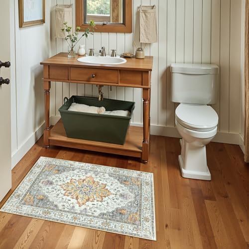 RELEANY Washable Area Rug, Small 2'x3', Beige/Carbon Grey/Orange - Image 6