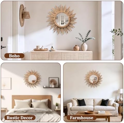 18 Inch Boho Sunburst Mirror, Round Wooden Wall Decor Starburst Sun Mirror for Bedroom, Living Room, Bathroom, Hallway, Balcony, Farmhouse Entryway, Housewarming Gift(Rustic Brown - Image 7