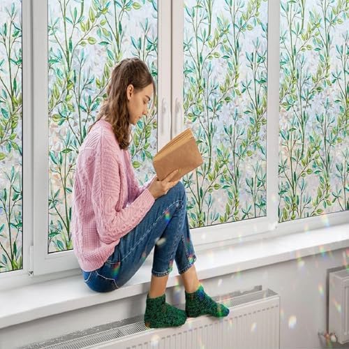 Retro Flowers Window Privacy Film, Magnolia Stained Glass Decorative Window Film for Glass, Rainbow Stained Window Cling Sticker Floral Removable Static Cling for Window (1, Green Leaves, 17x157.5in) - Image 6