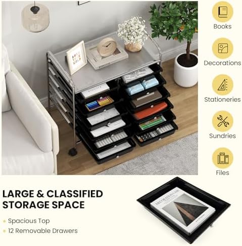 Giantex 12 Drawers Rolling Cart, Mobile Storage Drawer Cart, Classroom Organizer Cart for Office School Supplies Tools Scrapbook Paper Craft Small Printer, Utility Cart on Wheels, Black - Image 7