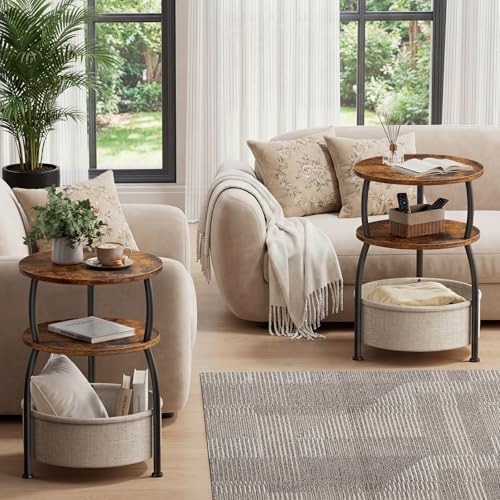 Round Side Table with Storage Basket for Living Room Rustic Brown - Image 6