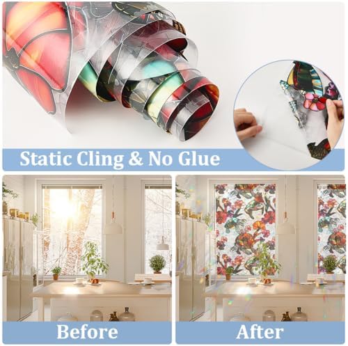 GORGECRAFT 39.4x17 Inch Turtle Rainbow Window Privacy Film Flower 3D Stained Window Glass Decorative Window Cling Non-Adhesive Static UV Resistant Decals Reusable Sun Blocking Sticker for Craft - Image 5