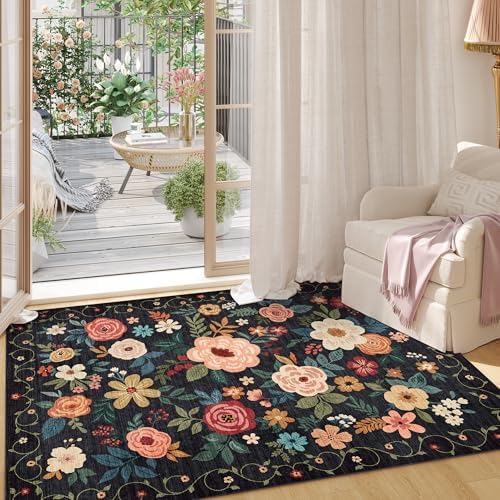 DUKINO 2x3 Door Mat Indoor Entrance, Floral Washable Rug Non Slip, Black - Image 6