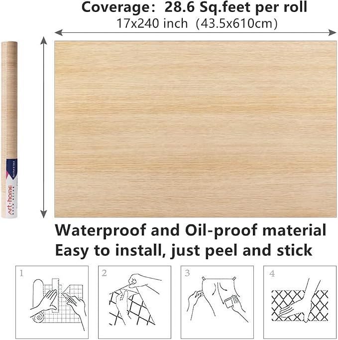 Arthome 16.5" x240"Peel and Stick Oak Wood Contact Paper Self-Adhesive Wall Paper,Decorative Vinyl Film for Countertop, Cabinets, Shelf, Drawer Liner,Easy to Clean Removable Wall Covering - Image 7