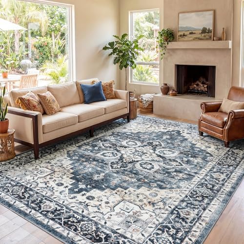AMADA HOMEFURNISHING 8x10 Washable Area Rug, Low-Profile with Non-Slip Backing & Durable Edge Binding, Vintage Large Rugs for Living Room, Bedroom, Dining Room, Blue - Image 6