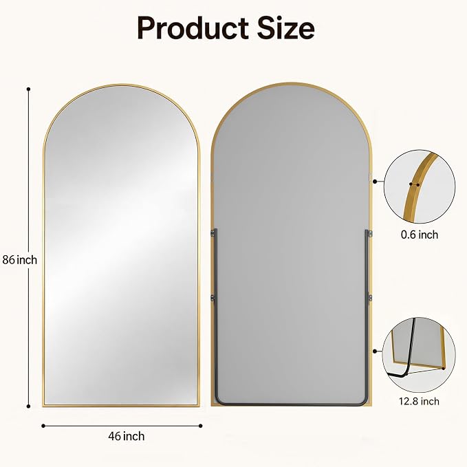 Antok Full Length Mirror, 46"x86" Floor Mirror with Stand, Gold, Arched - Image 7
