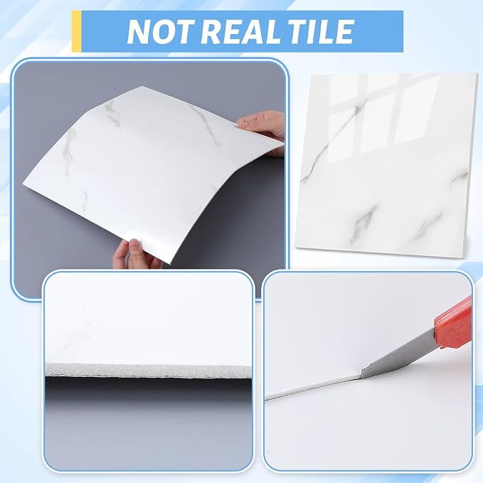 Nuanchu 36 Pcs Peel and Stick Shower Waterproof Tiles Wall Panels 12 x 12 Inch Self Adhesive Backsplash with Ruler Knife & 2 Scrapers for Washroom Bathroom Living Room, Not Real Tile (Carrara White) - Image 7