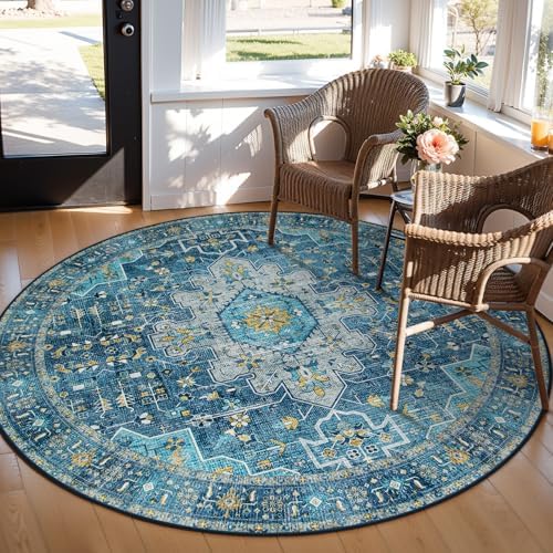 Moynesa Ultra-Thin Washable 5ft Round Rug - Teal 5x5 Circle Rugs for Living Room, Vintage Dining Room Mat Stain Resistant Nursery Carpet for Bedroom Mudroom Kitchen Apartment Home Office - Image 7