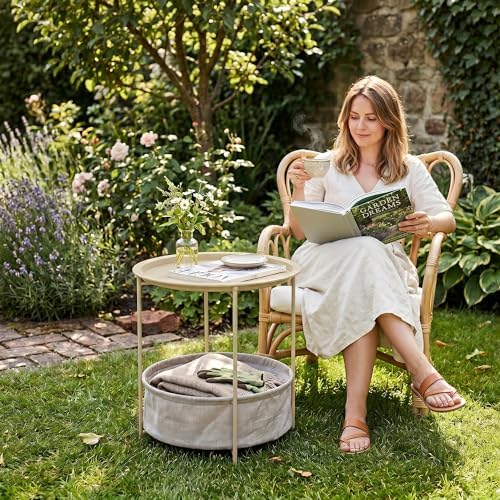 VECELO Round Side/End Table with Fabric Storage Basket,Metal Anti-Rust and Waterproof Small Bedside Nightstand with Removable Tray Top for Living Room,Balcony & Laundry,Grey /1pcs with Basket - Image 6