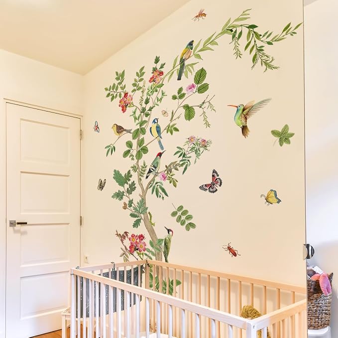 Large Green Tree Wall Decals Floral Tree Branch with Birds Peel and Stick Removable PVC Wall Stickers for Living Room Bedroom Nursery TV Background Home Art Decor - Image 8