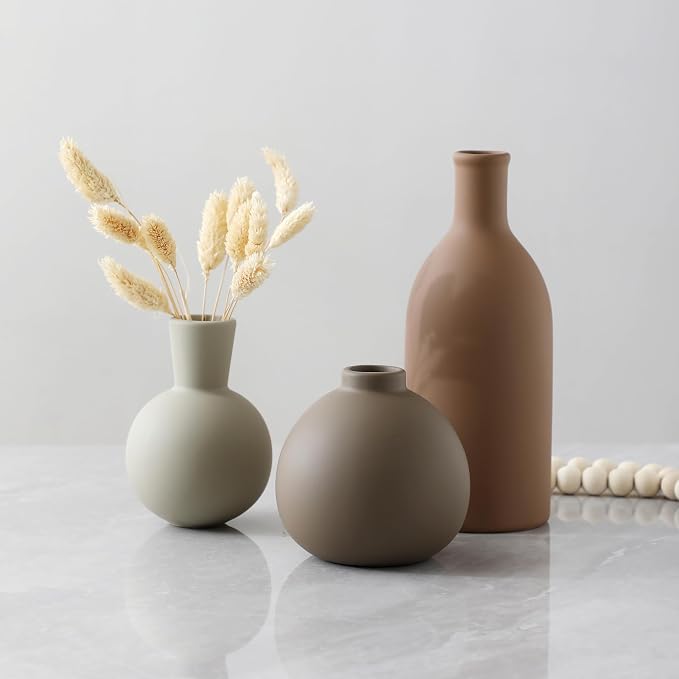 Ceramic Vase Set of 3, Vases Home Decor Rustic Farmhouse Decorative Vase Pottery Vases for Bouquet Pampas Grass Dried Fresh Flowers, Table Living Room Kitchen Bedroom Bathroom - Brown - Image 8