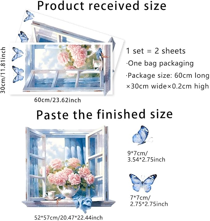 3D Window View Wall Decal - Faux Open Window with Pink Roses and Blue Butterflies, Peel and Stick Removable Wall Mural for Bedroom, Living Room, Nursery, Home Office Decor - Image 5