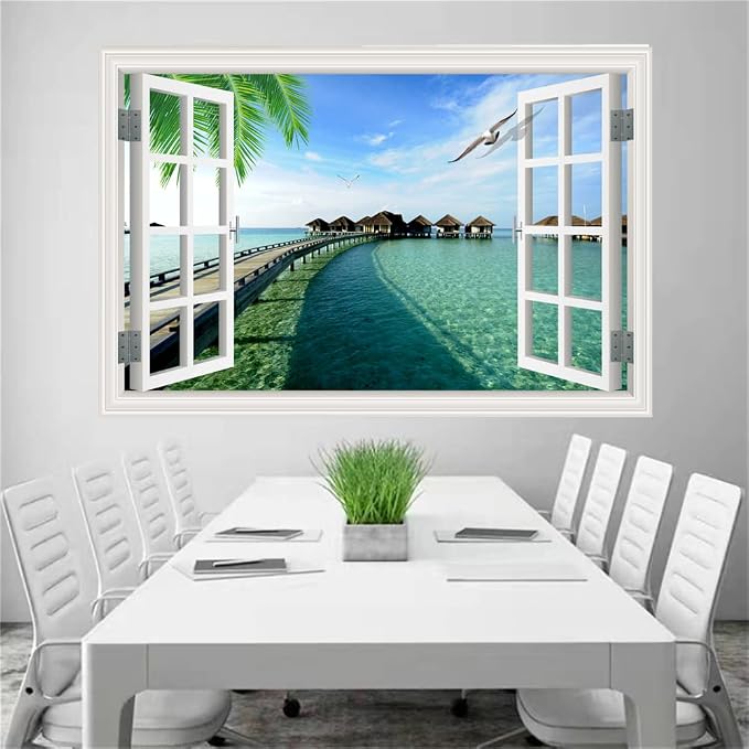 Self-Adhesive Wall Sticker Romantic Living Room Bedroom Study Office Decorative Wall Sticker Ocean Scenery Fake Window Sticker Mural (17.3"×27.6", Maldives) - Image 5