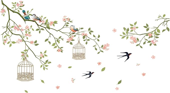Arawat 2 Set Cherry Blossom Peel and Stick Wall Decals - Flower Bird Tree Stickers, Large Floral Murals for Living Room, Bedroom, Bathroom - Roommates Vinyl Art - Image 7