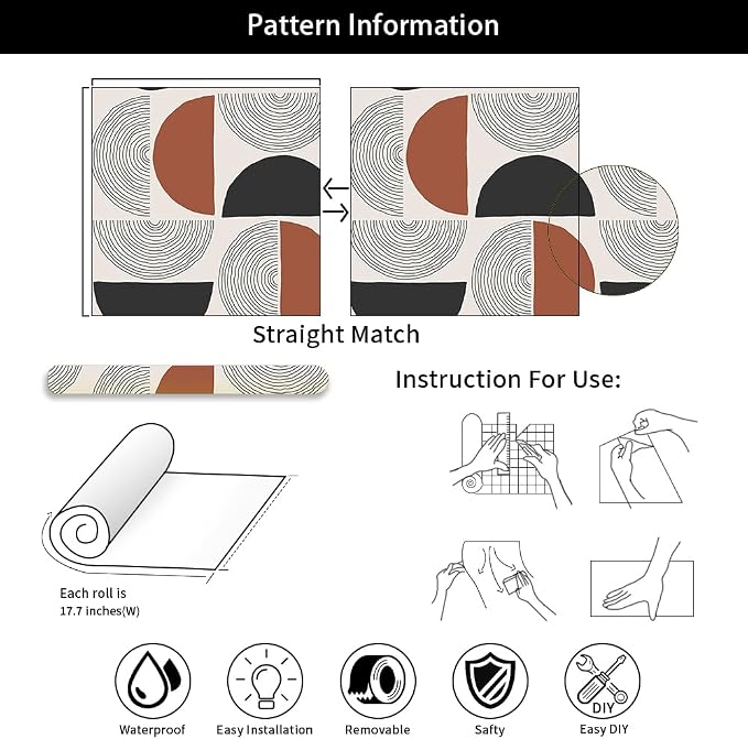 Boho Geos 01 Vinyl Wallpaper, Geometric Circles Retro Art for Renter Bedroom Apartment, Easy Peel and Stick, 17.7x118.1in, Brown/Black/Grey, Furniture Surface Recommendation - Image 7