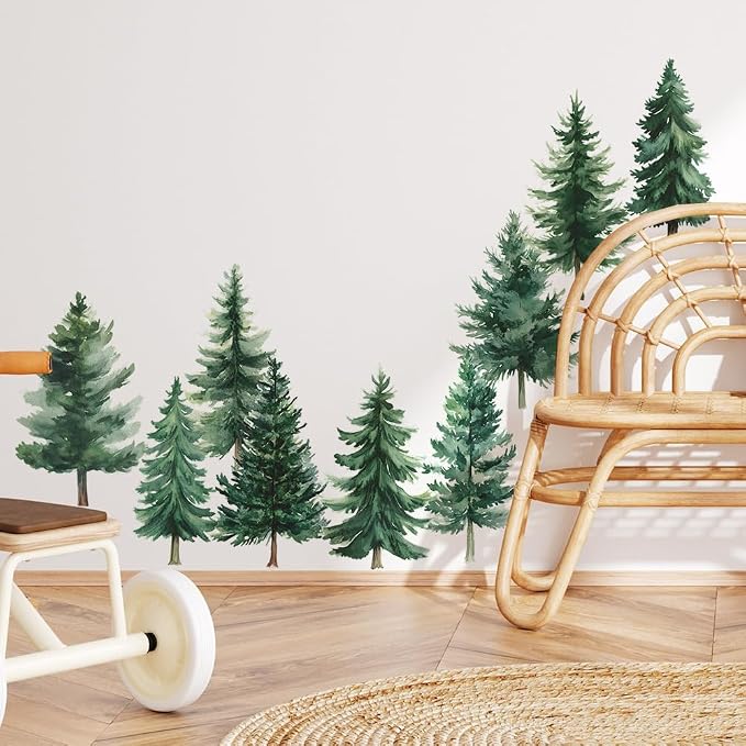 Watercolor Pine Tree Wall Decals Green Pine Tree Wall Sticker Forest Nature Woodland Home Decor for Nursery Bedroom Living Room - Image 6